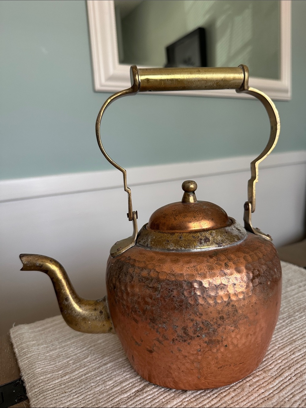 Antique Copper & brass gooseneck swing handle handmade hammered tea pot kettle